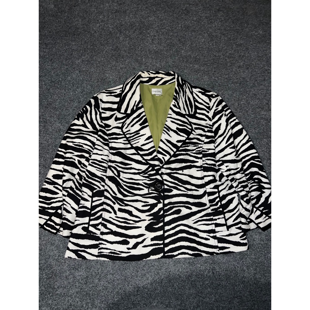 Chicos Zebra Print Blazer Jacket Black White Size 2 Y2K Cotton Blend